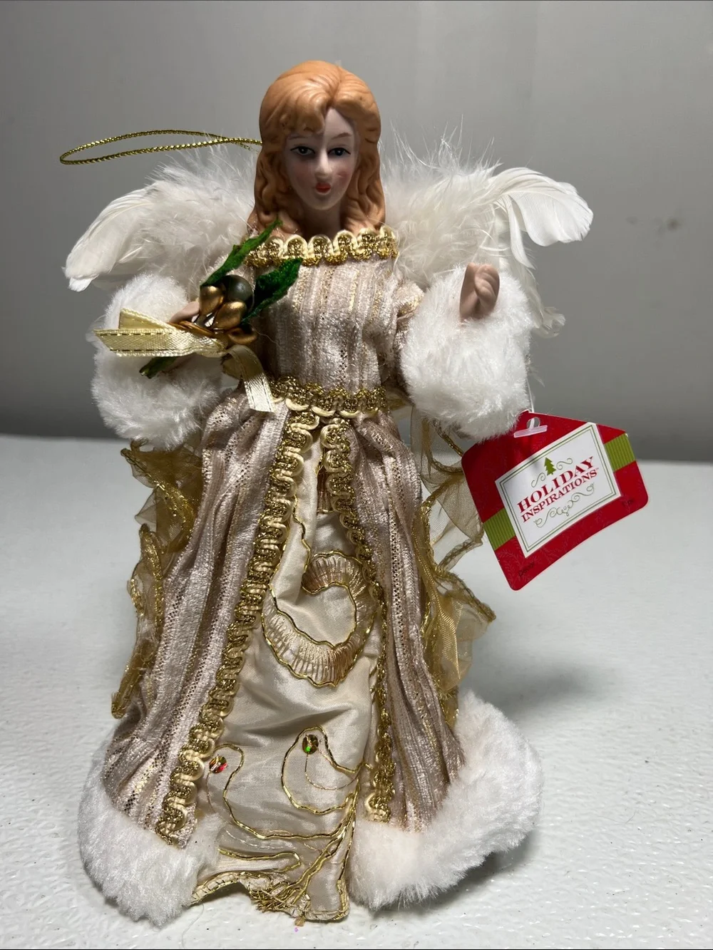 Holiday Inspirations Gold and Cream Porcelain Angel Tree Topper New